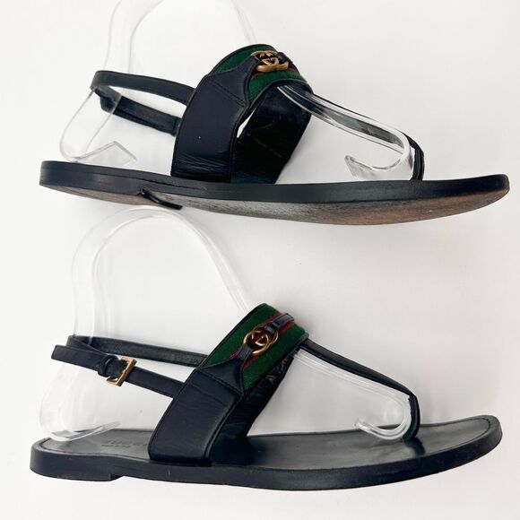 Gucci Siryo GG Web Strap Flat Leather Sandals Interlocking Black Thong EU 36.5 - Picture 5 of 12